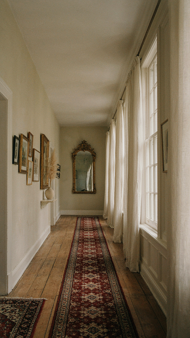 A narrow hallway with a mirror and framed art reflects light.