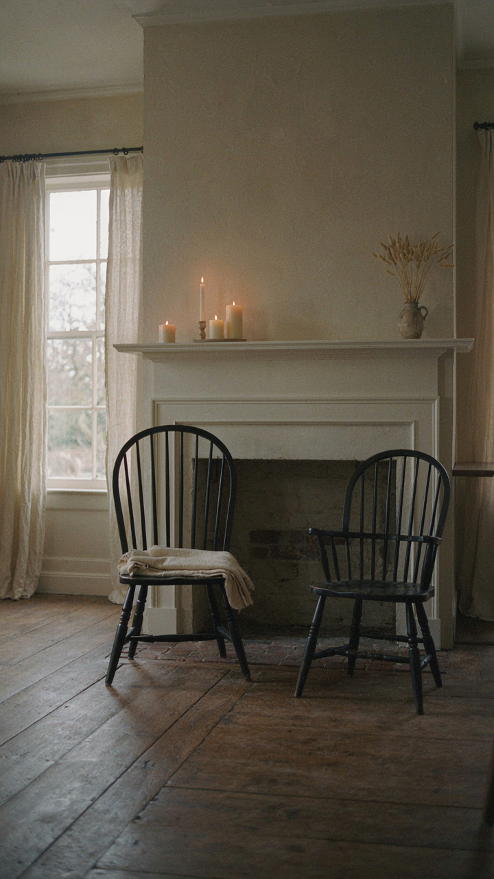 A fireplace mantel flanked by two Windsor chairs, one with a textile, inside a colonial house.