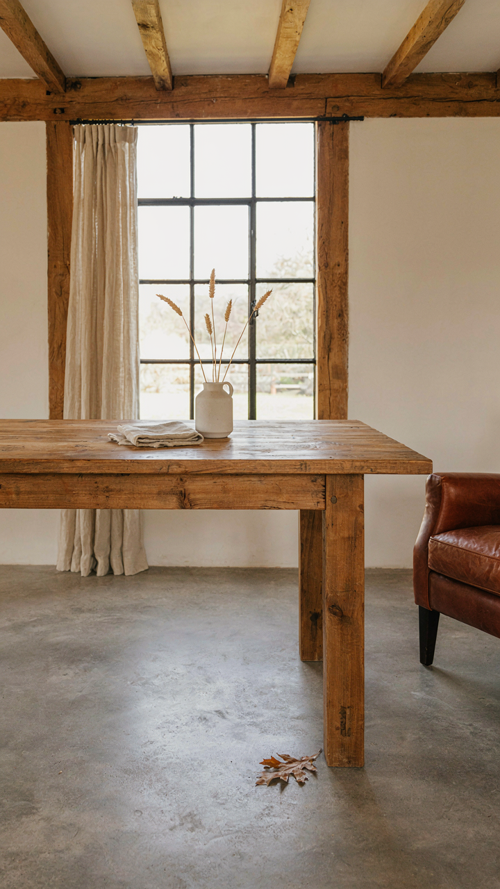 A reclaimed wood table sits on a polished concrete floor in a converted barn home.