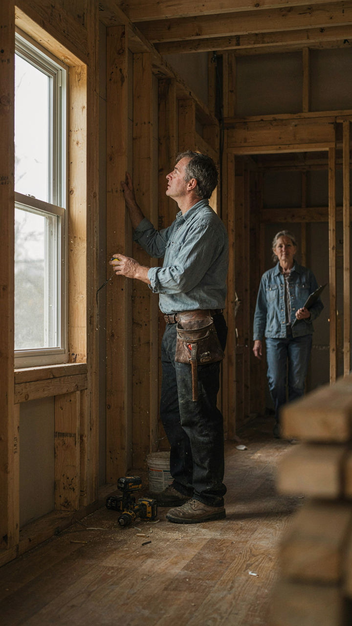 A carpenter inspects exposed wooden framing and load-bearing walls in a bungalow.