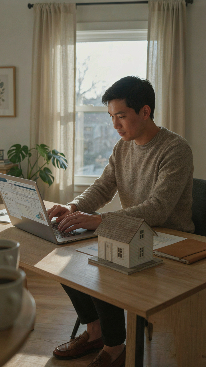 A person reviews a financial spreadsheet, with an adu cottage model nearby.
