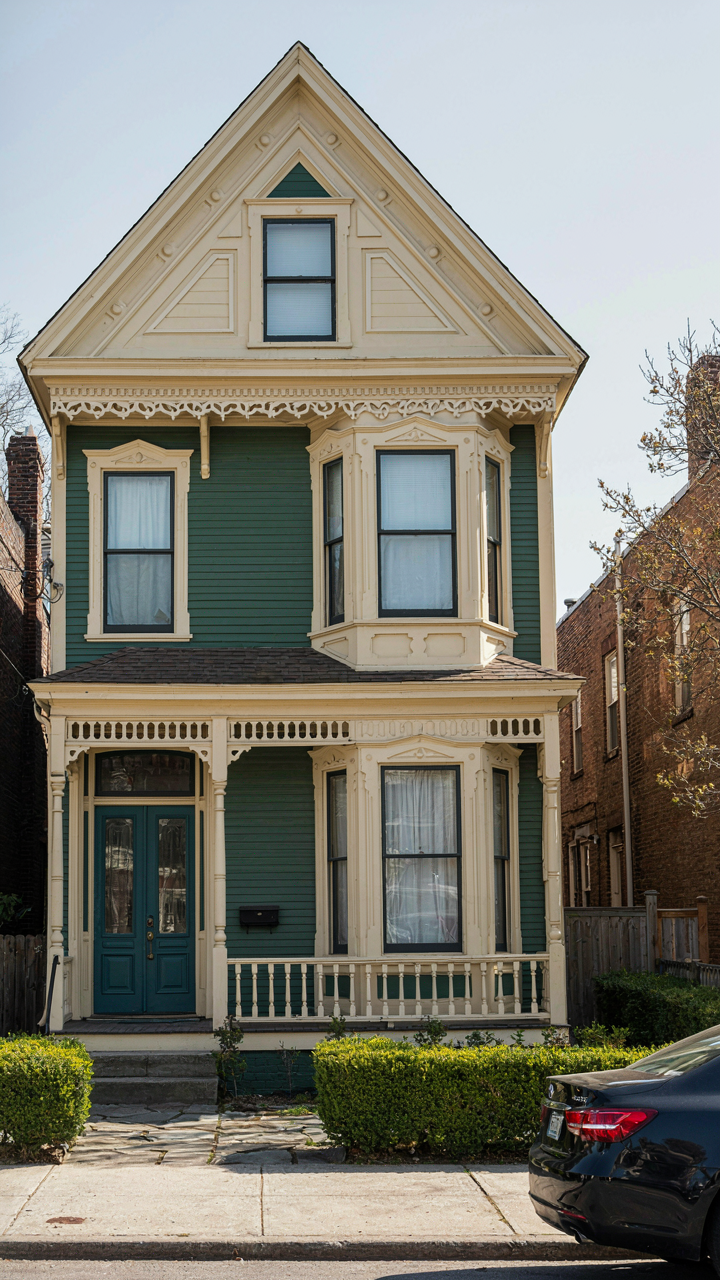 A colorful Victorian house facade using contrasting colors to highlight architectural details.