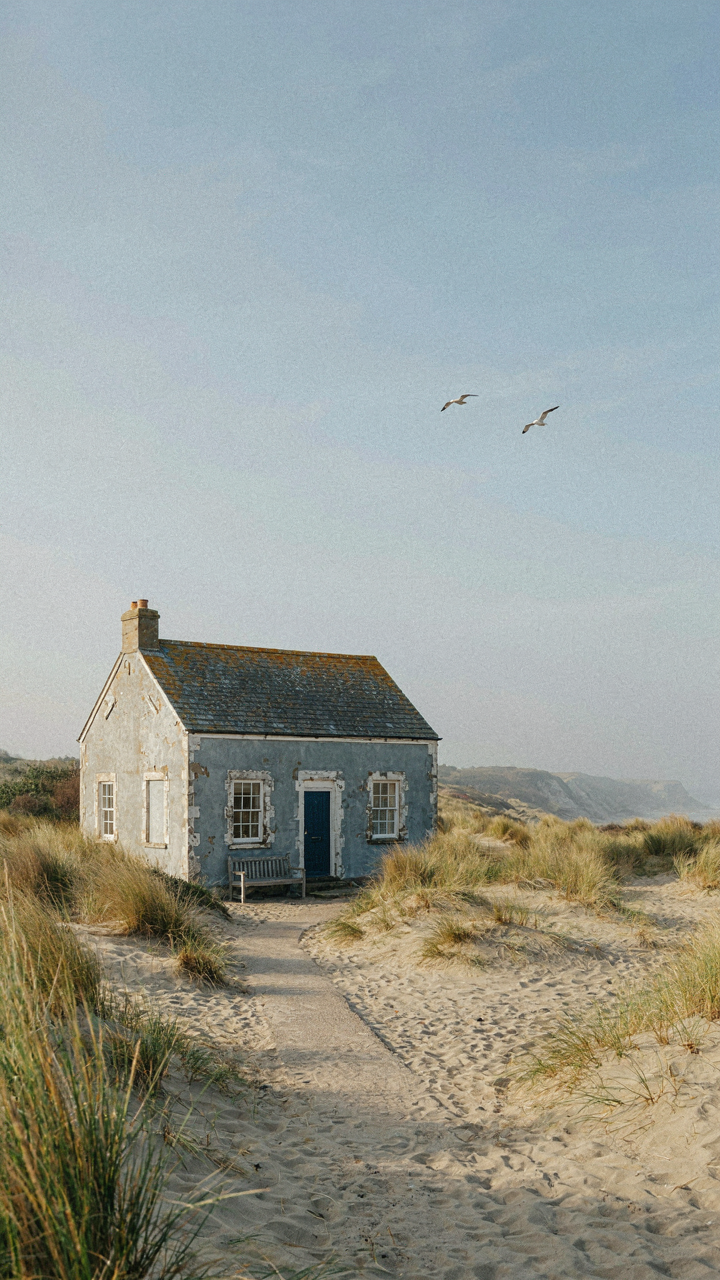 An aged coastal cottage with softly faded blue-gray paint.