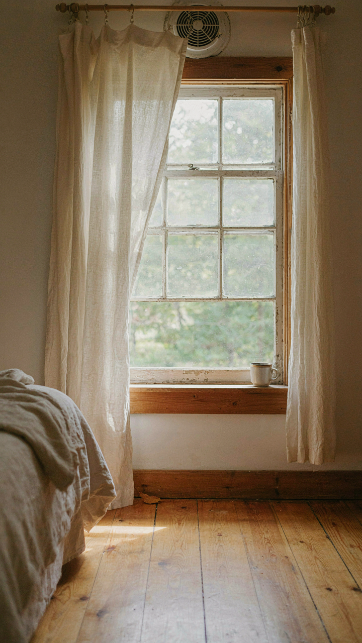 An open window with sheer curtains in a rustic cabin bedroom, allowing fresh air inside.