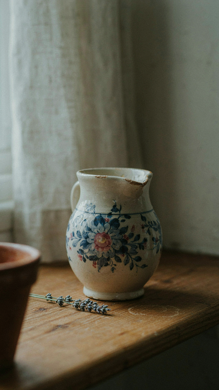 A chipped ceramic pitcher with a floral pattern on a wooden shelf.