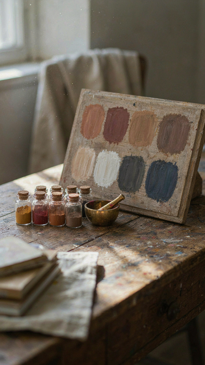 Jars of natural earth pigments next to a sample board of matte, chalky paint swatches.