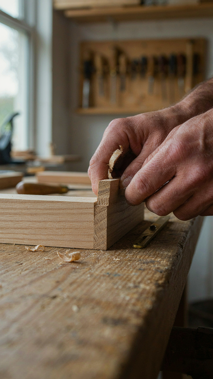 A craftsman working on a wooden joint with visible dovetail construction.