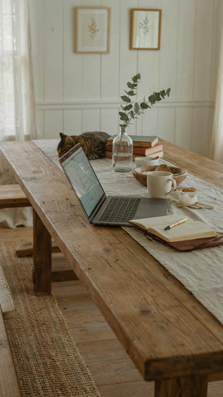 A Joanna Gaines dining table used for working on a laptop.