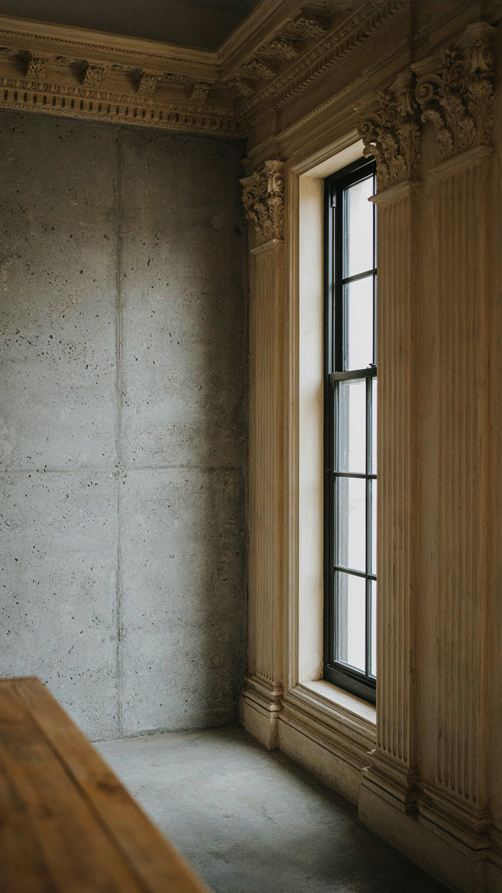 A concrete wall meets intricate Victorian crown molding in a modern space.