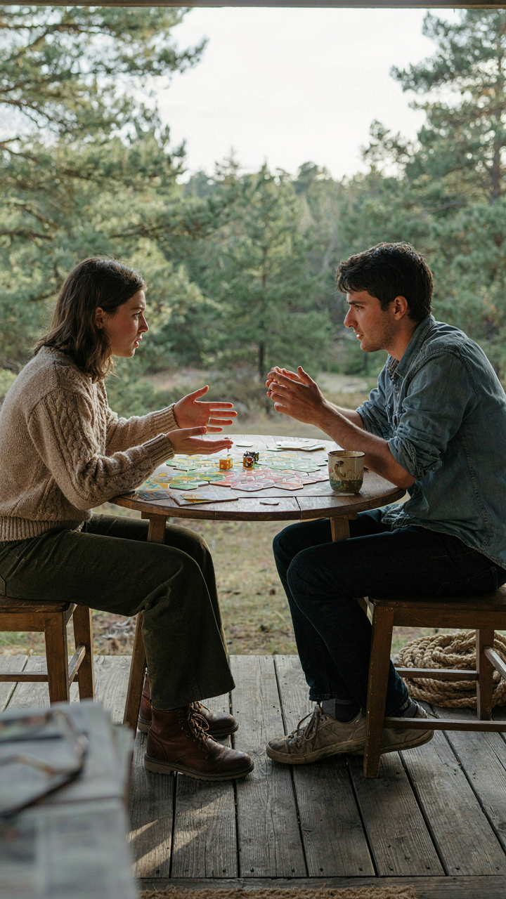 Two people playing a strategy board game on a wooden table on a cabin porch.