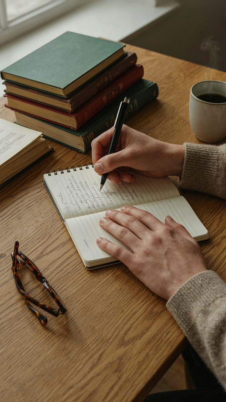 Hands write on a notepad at a desk with books.