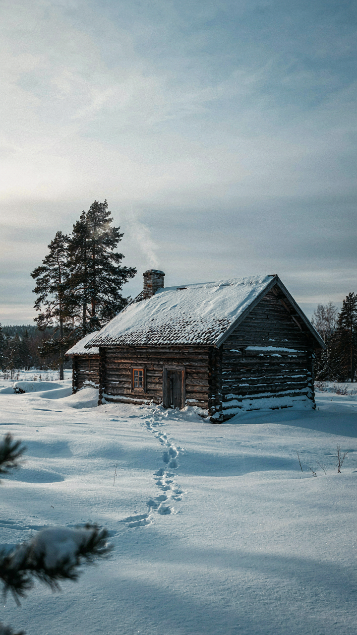 An old, weathered Finnish log cabin stands in a harsh winter landscape.