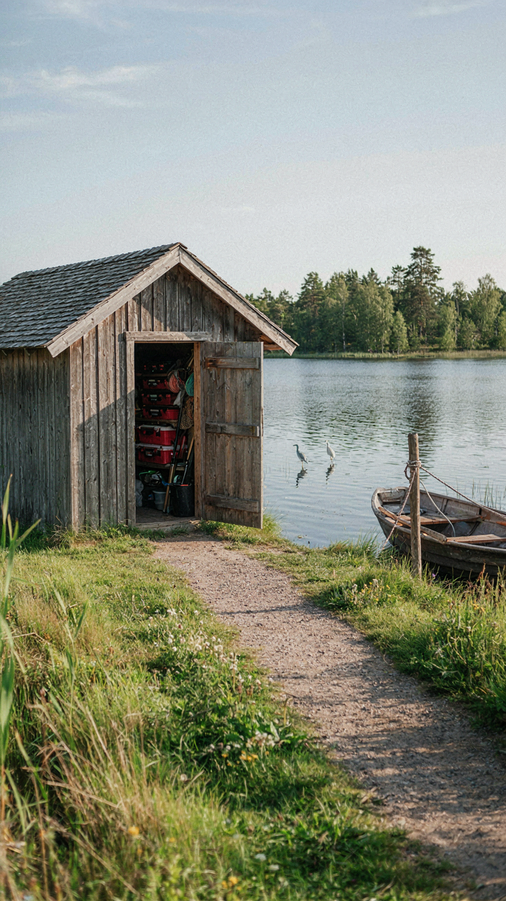 A small wooden shed near a lake holds organized fishing gear.
