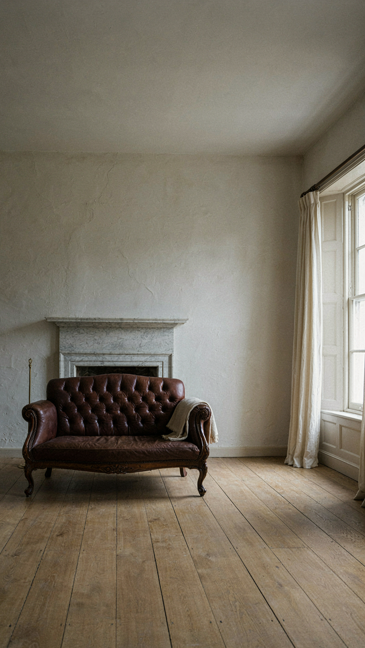 Sparse Georgian parlor with a single mahogany settee and a marble fireplace.