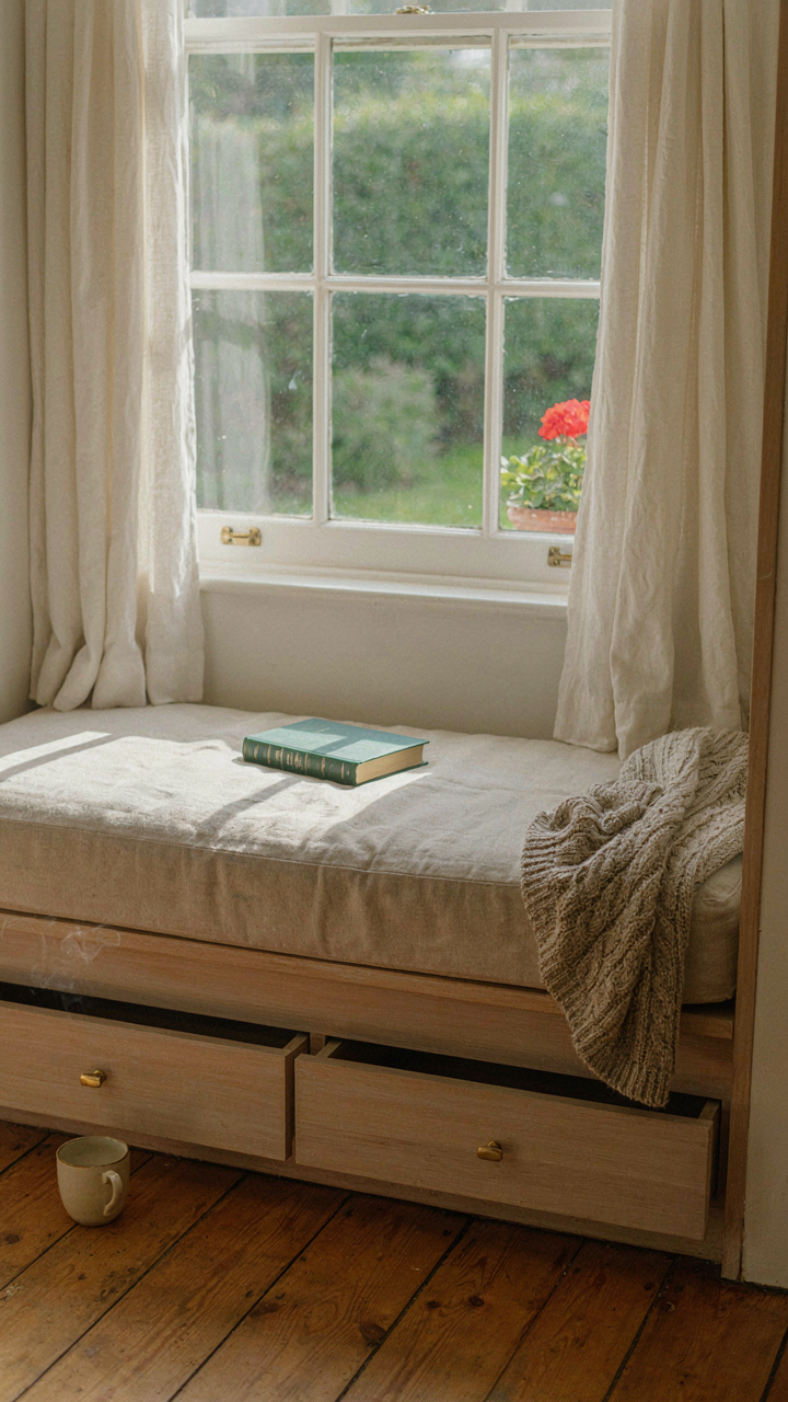 A cottage window seat with fixed storage underneath, promoting tidiness.