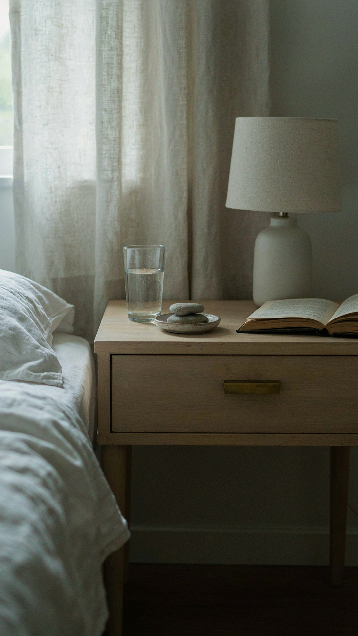 A minimalist nightstand holds a glass of water, a book, and a simple lamp.
