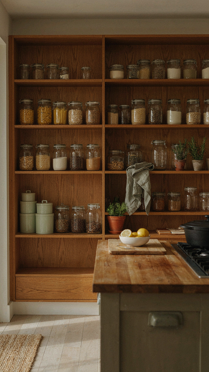 A built-in pantry wall with deep shelves filled with organized kitchen items.