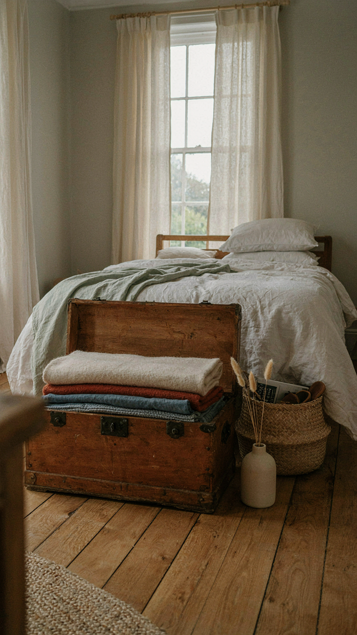 A vintage wooden trunk at the foot of a bed, used for storage.