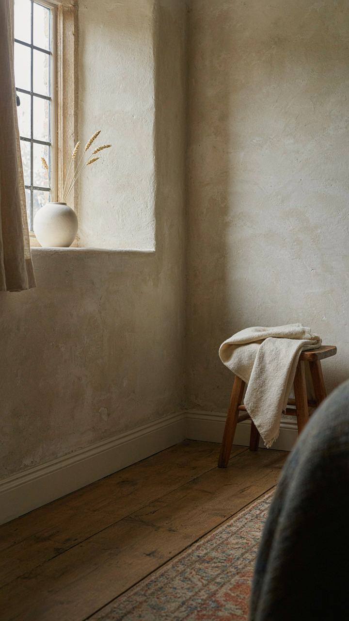 An empty corner with textured plaster walls in a cozy english cottage bedroom.