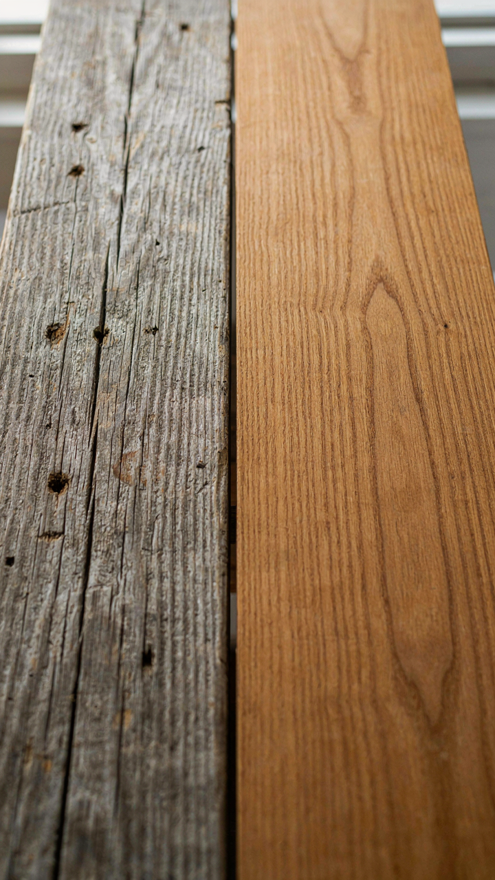 A reclaimed barn wood plank with rust halos next to a new cedar plank.