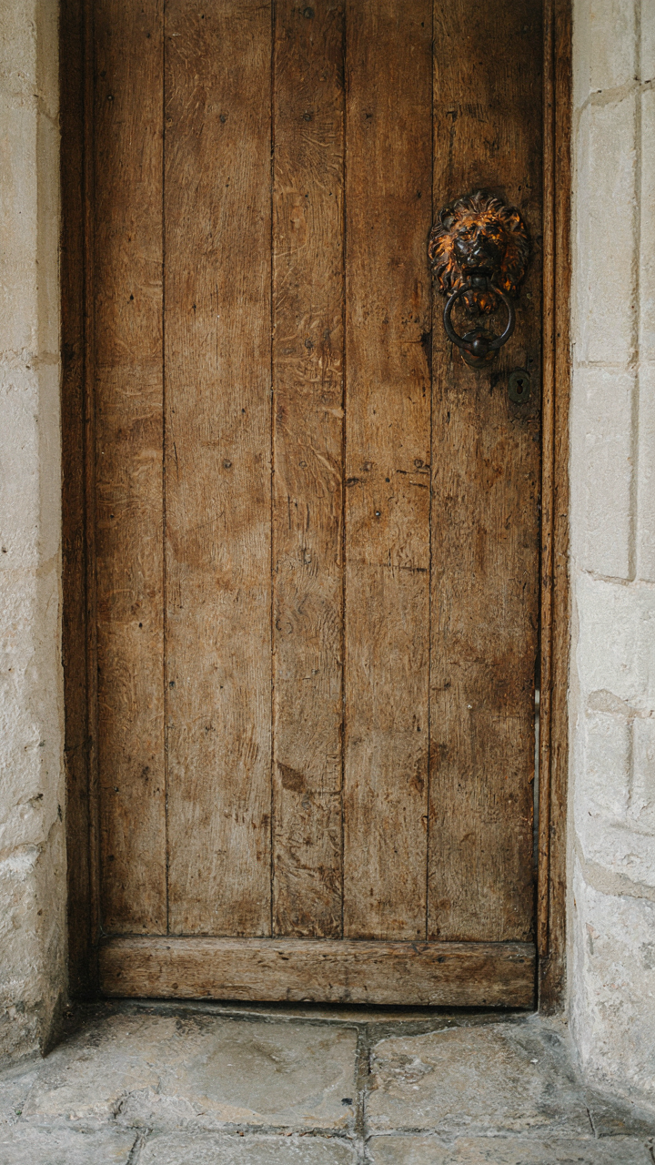 A weathered wooden door frame with gouges, a cast iron knocker, and a worn stone floor.
