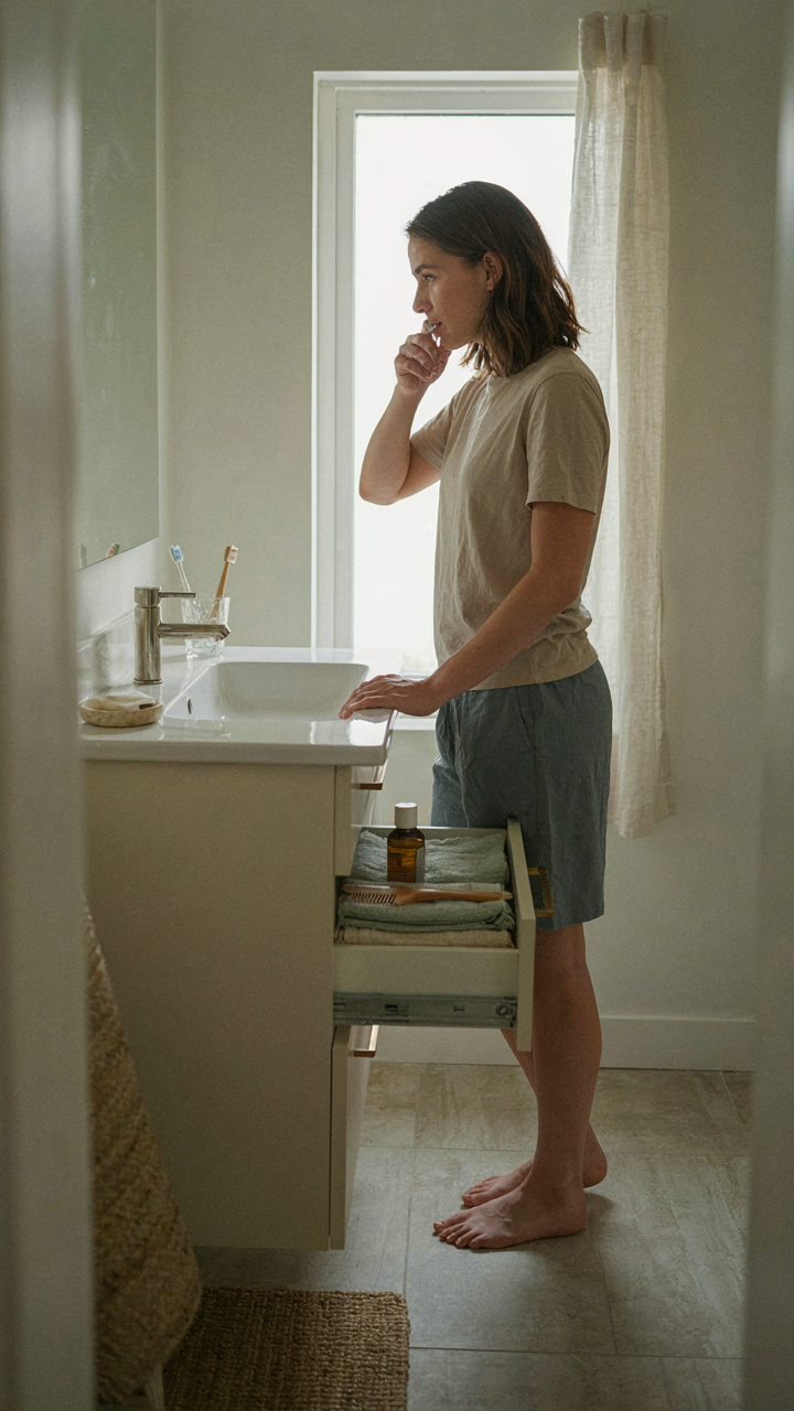 A person brushes teeth at a functional bathroom vanity with items stored neatly.