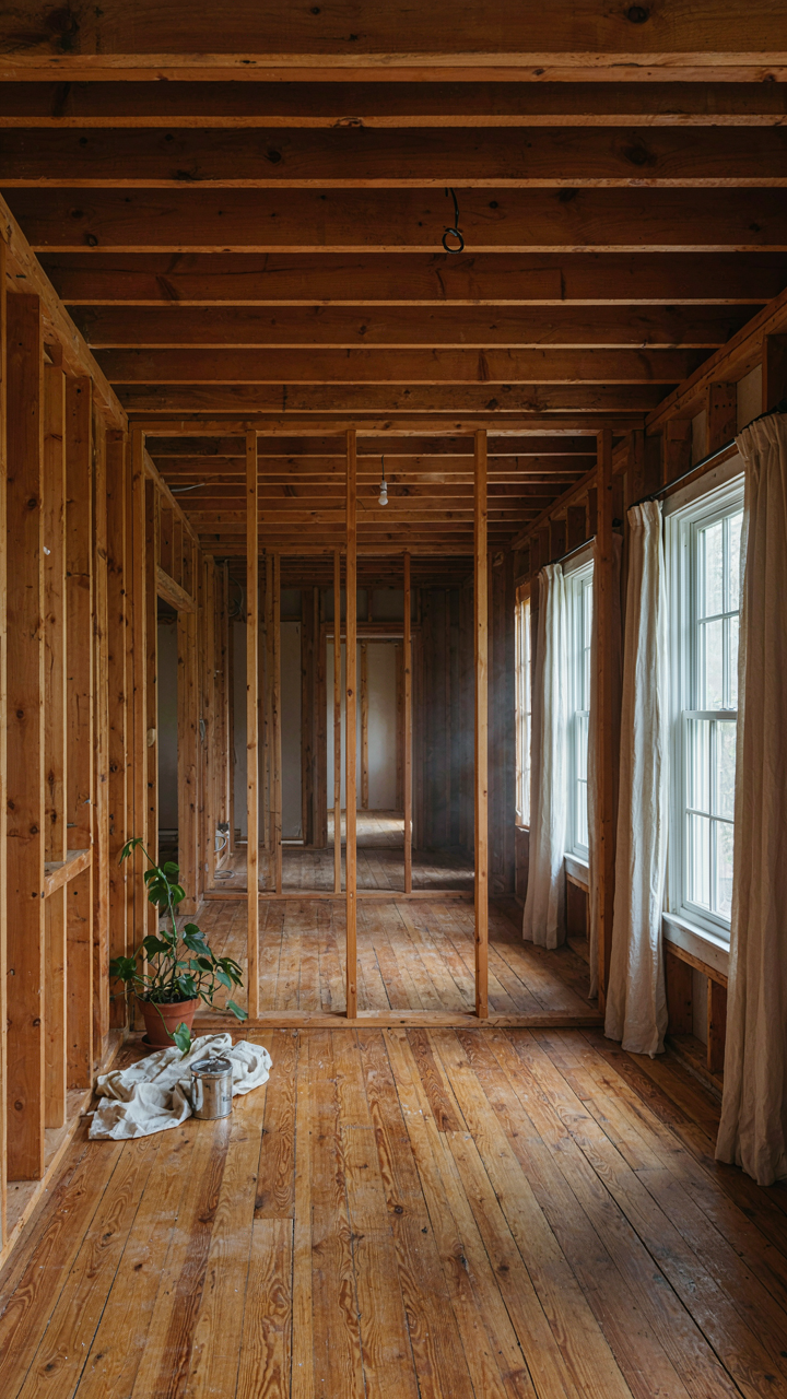 An interior of a cottage shows exposed wall framing, ready for furniture.