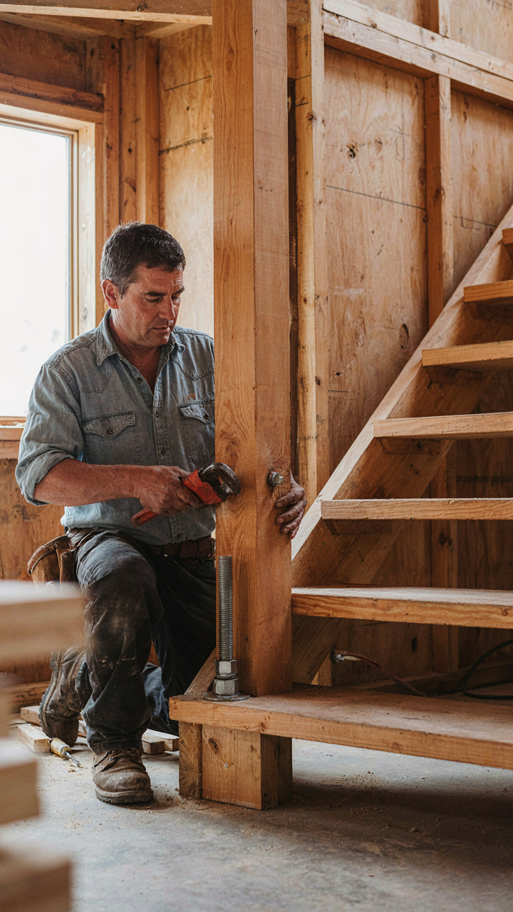 A carpenter installing a newel post with a galvanized bolt.