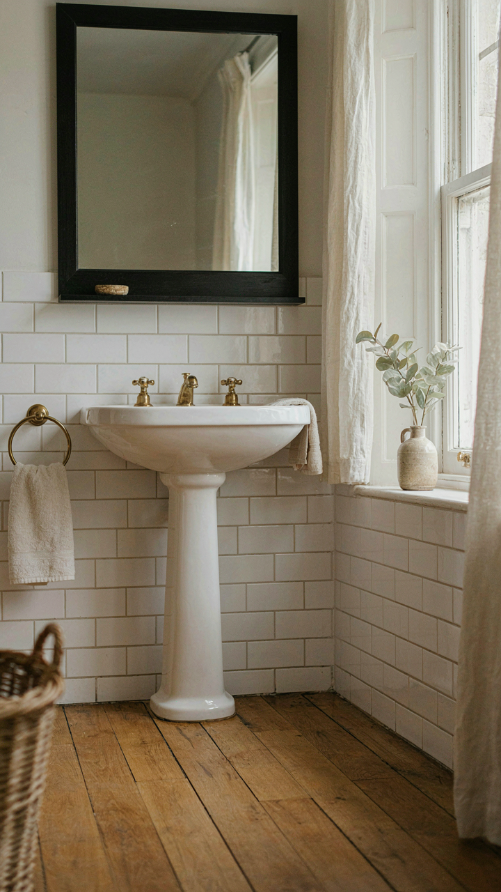 A simple elegant victorian bathroom with a white pedestal sink and a black-framed mirror.