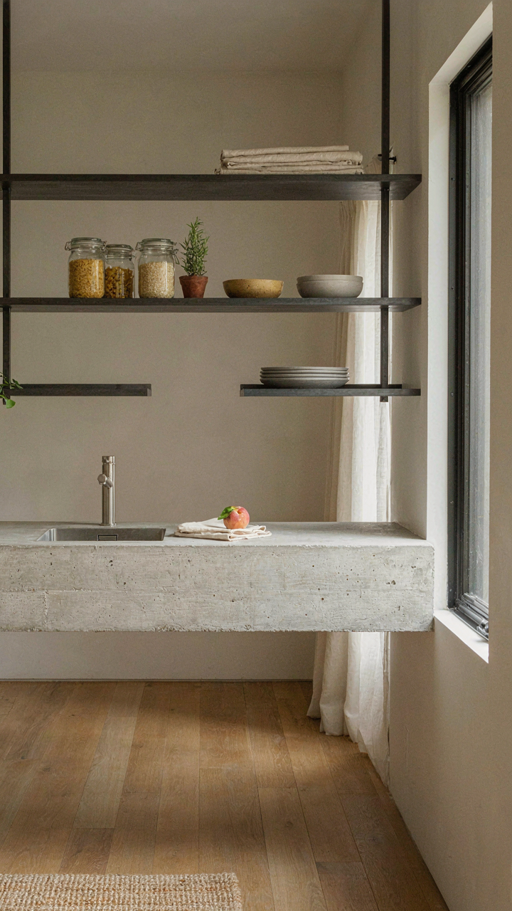 A minimalist cabin kitchen features a concrete counter, open metal shelves, and steel fixtures.