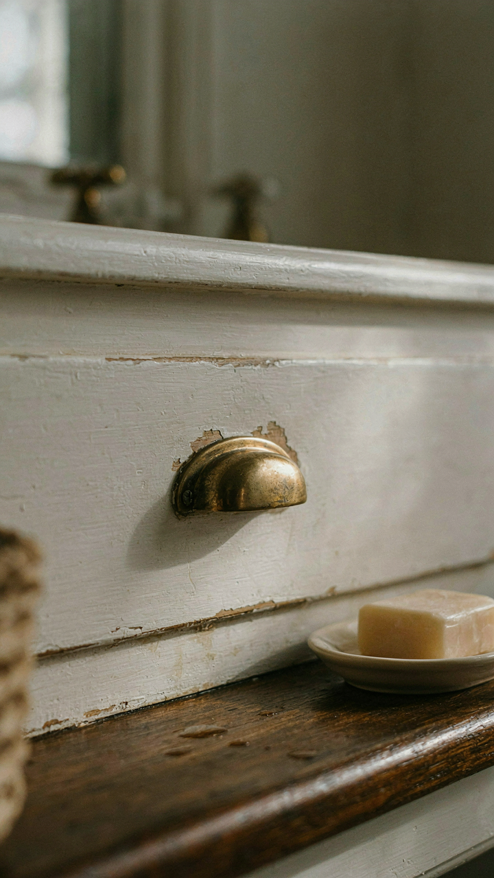 A close-up of a worn cottage bathroom vanity shows natural paint wear and stains.