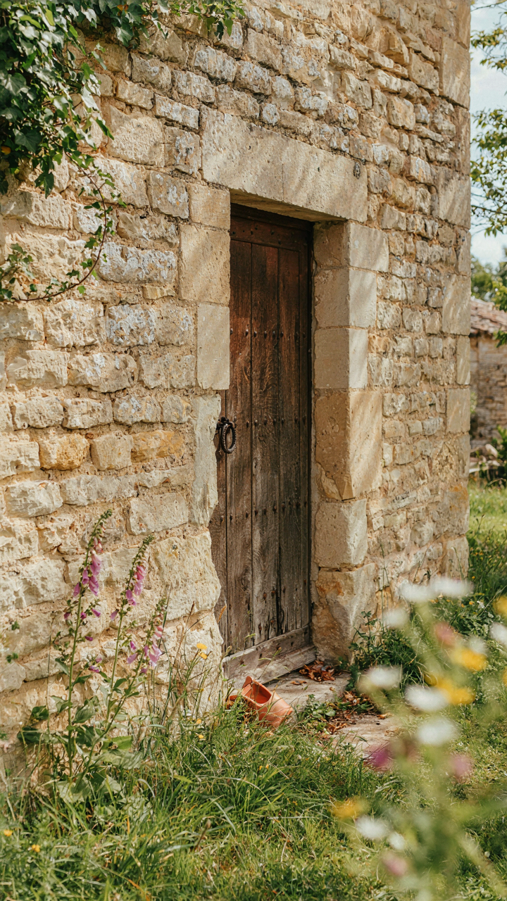 An old French farmhouse wall of stone with a worn wooden door.
