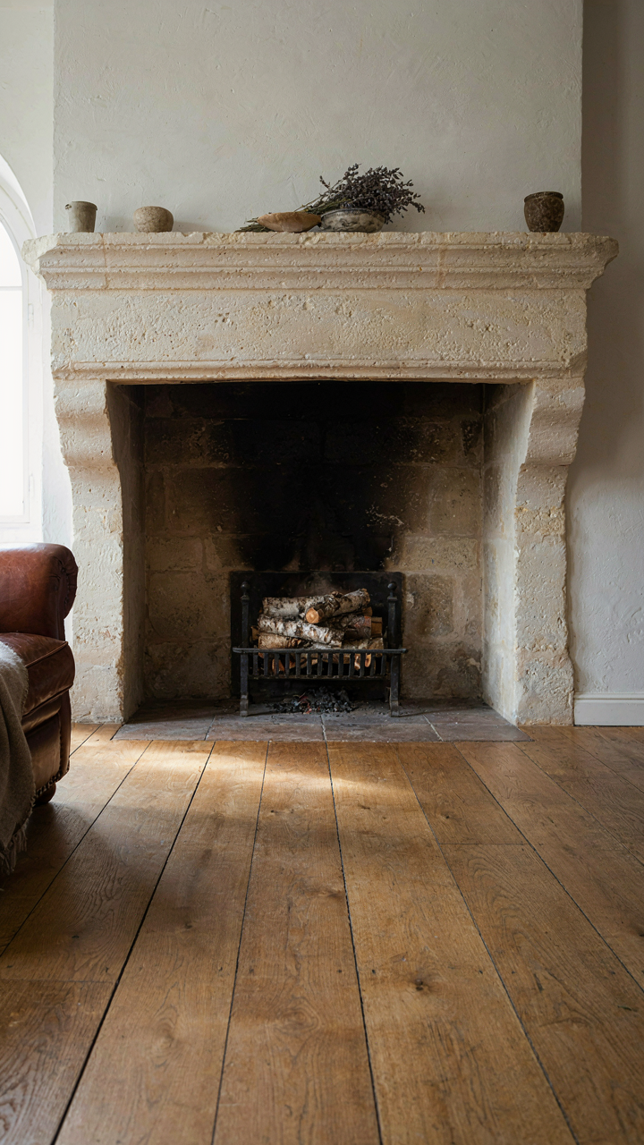 A sturdy limestone fireplace and wide oak floor anchor a French country farmhouse.