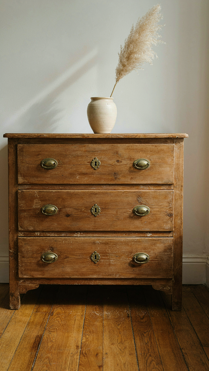 A distressed antique wooden dresser with deep drawers and a ceramic vase.