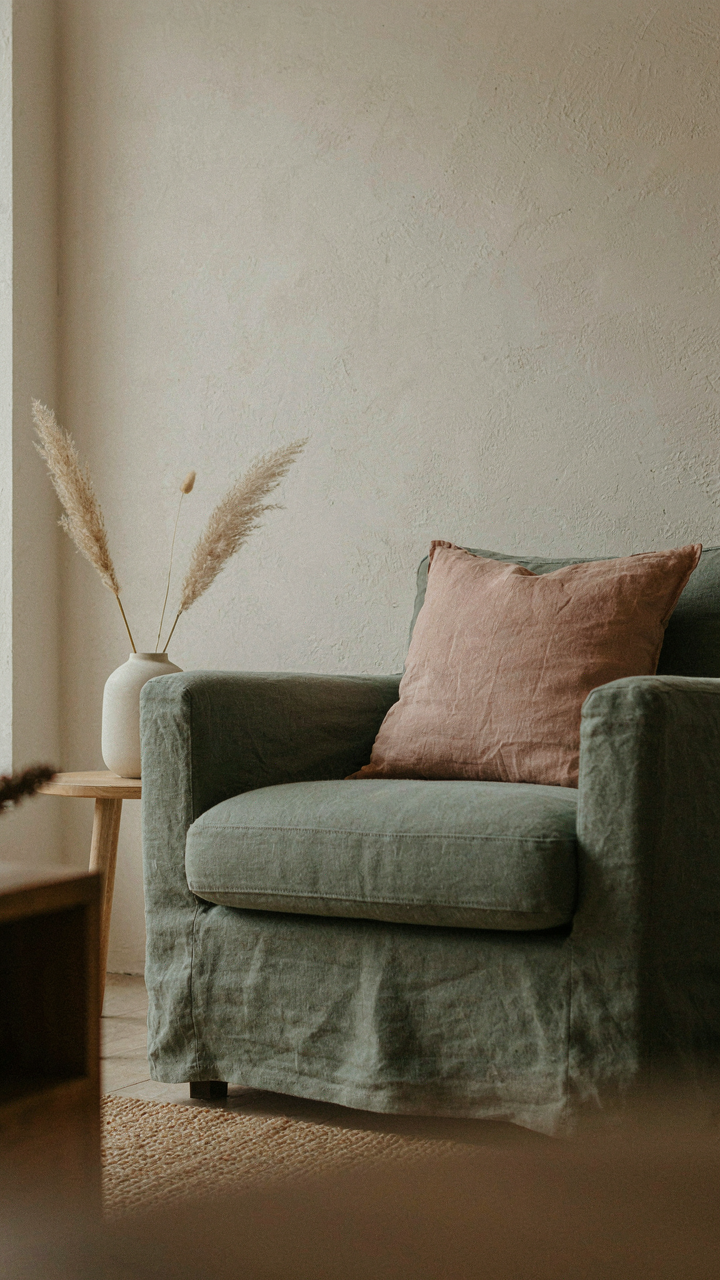 A living room with an off-white wall, a sage green armchair, and a dusty rose pillow.