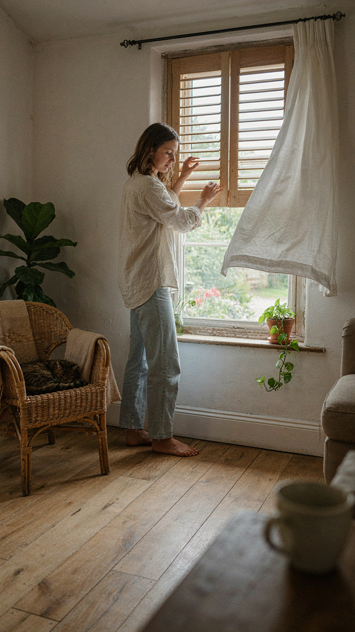 A person adjusts window louvres in a cottage to control natural cross-ventilation.