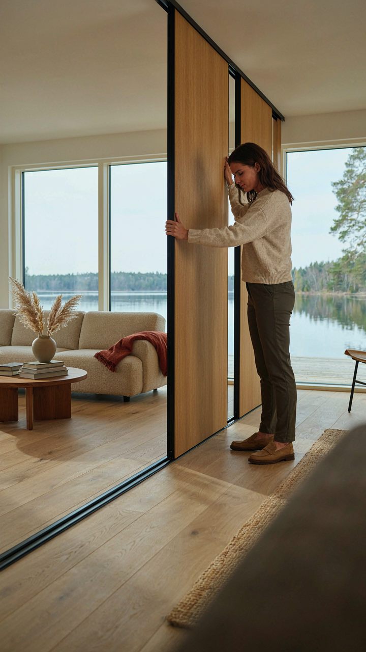 A modern lake cottage interior with reconfigurable walls and modular furniture.