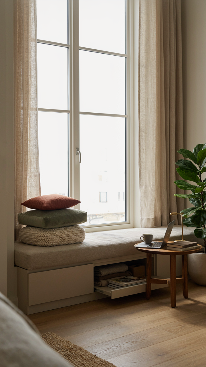A window seat with storage, next to a small table functioning as a workspace.
