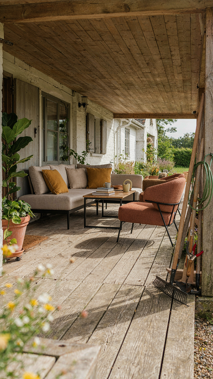 A wide porch on a tiny cottage with modular furniture and garden tools.