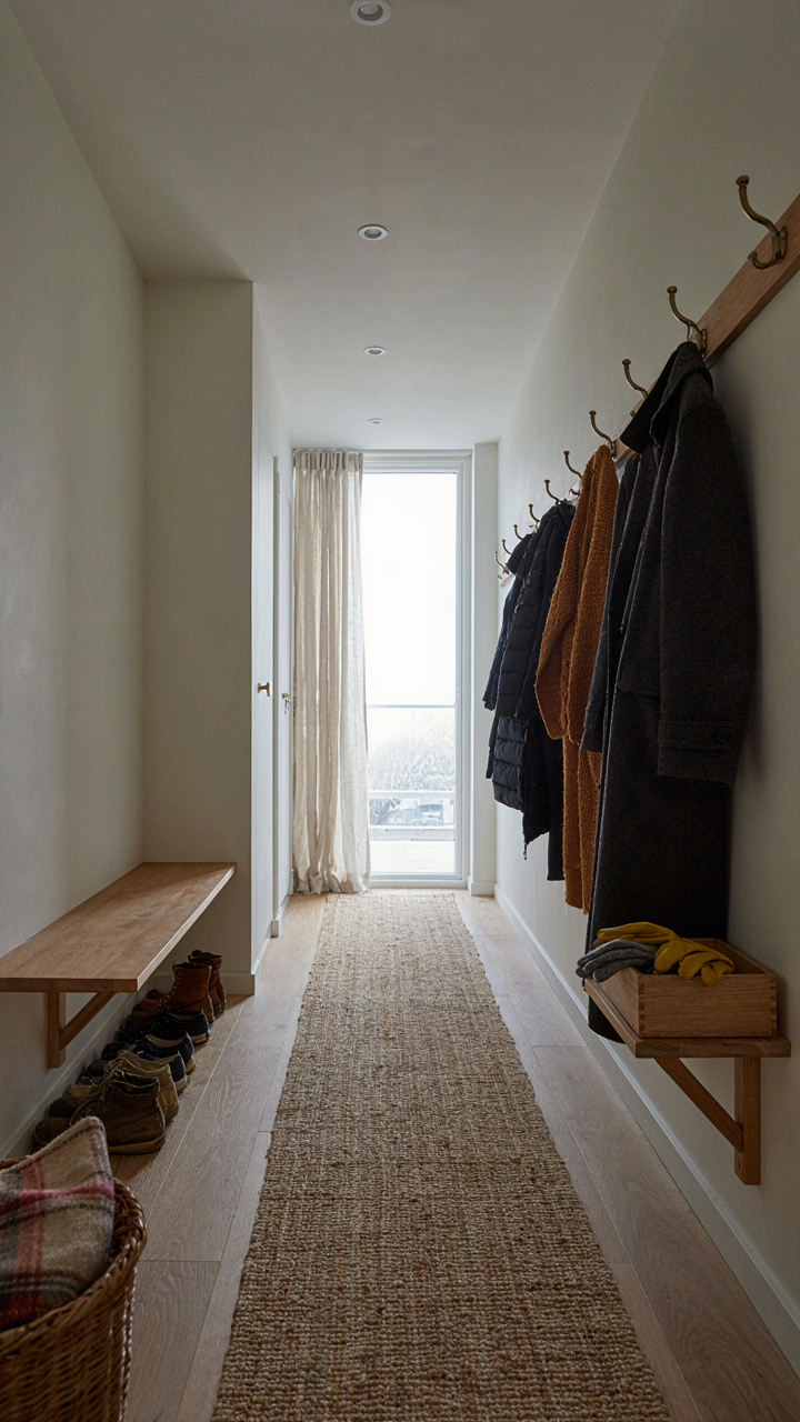 A mudroom hallway with distinct zones for shoes, coats, and small items.