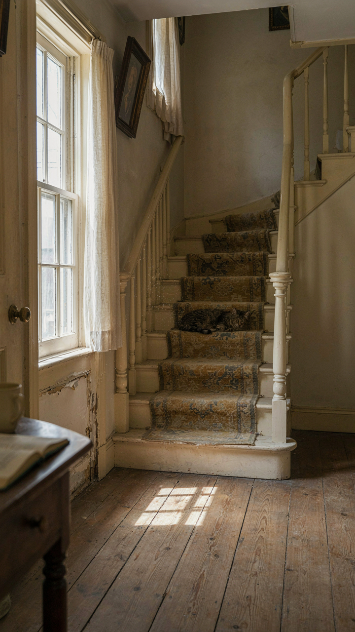 A well-worn wooden staircase in a colonial house interior, showing scuffed floors and chipped paint.
