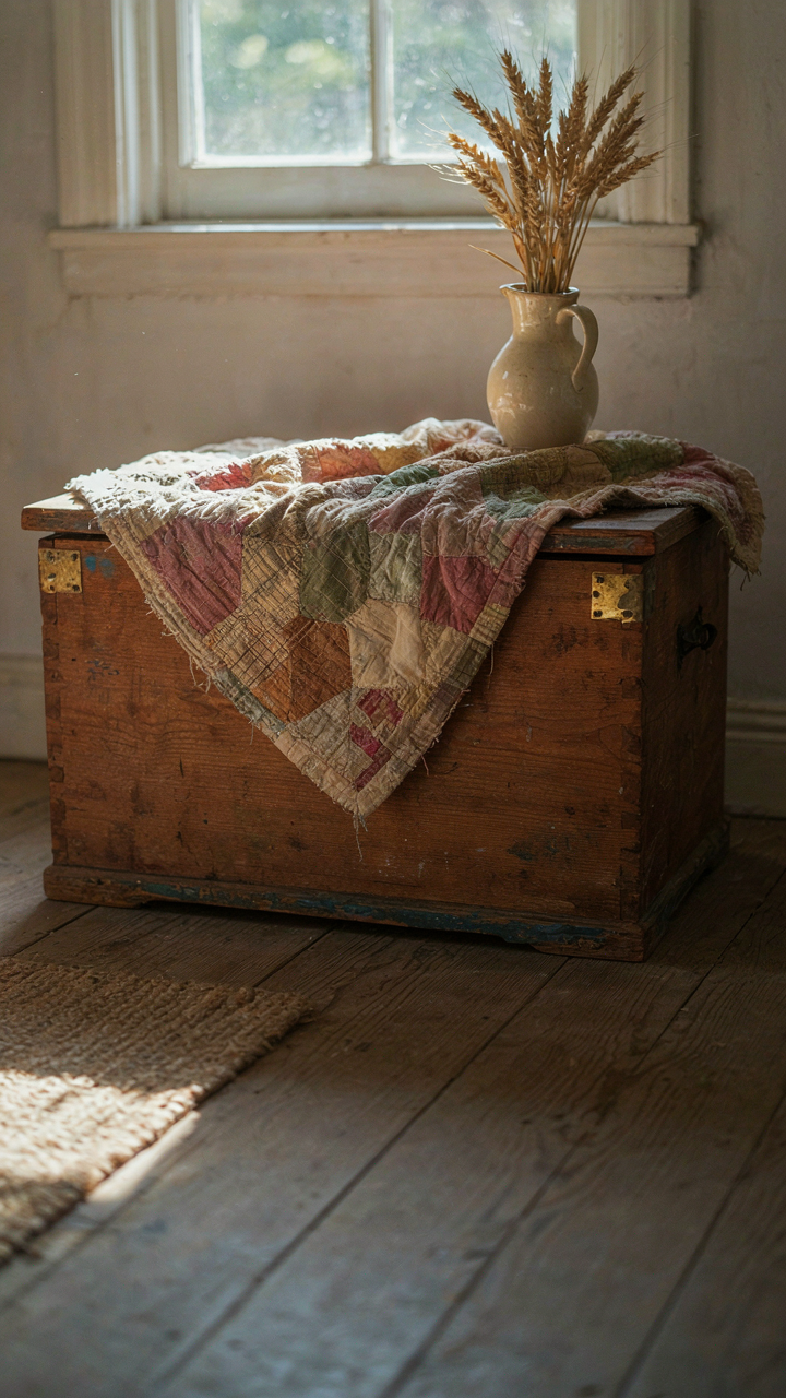 A vintage wooden chest with faded paint, and a handmade quilt draped across it.