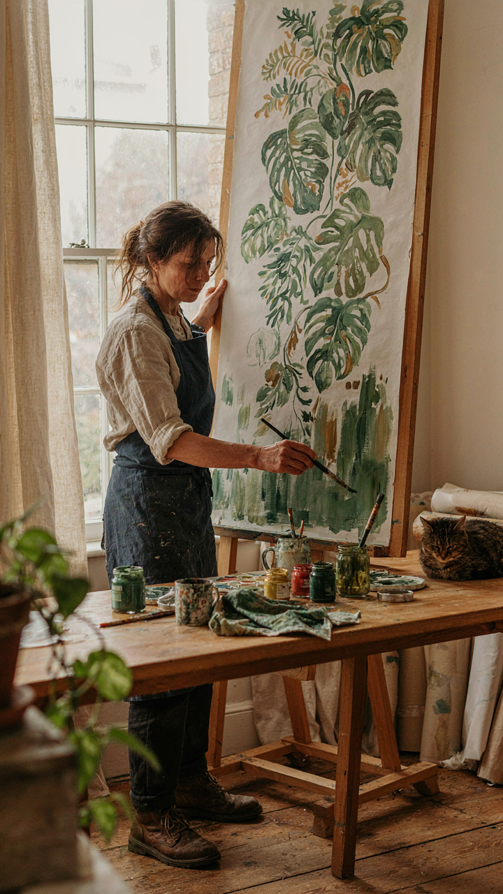 An artisan hand-painting a botanical wallpaper design with visible brushstrokes.