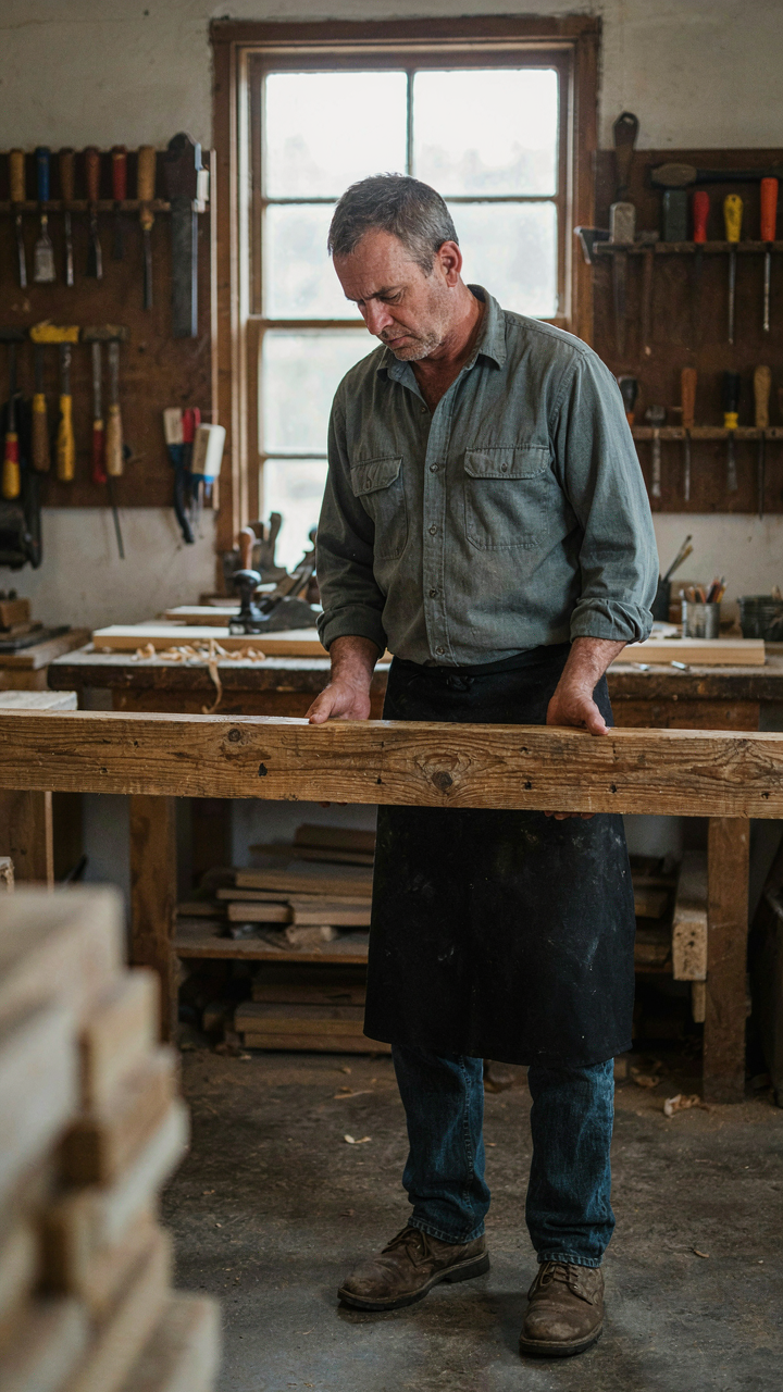 A craftsman inspects a reclaimed wooden beam for a fireplace surround.