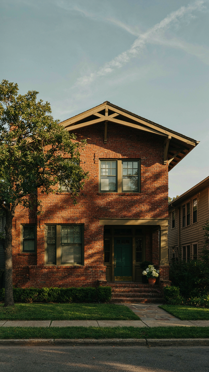 Deep eaves on a craftsman bungalow casting dramatic shadows on the brick wall.