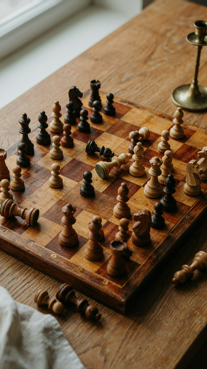 A chess board shows an unbalanced game with many pieces in play.