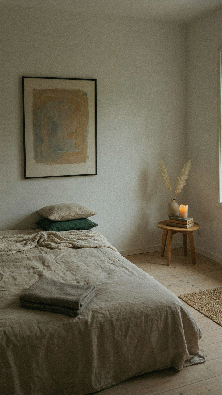 An asymmetrical Scandinavian cabin bedroom with one nightstand and off-center artwork.