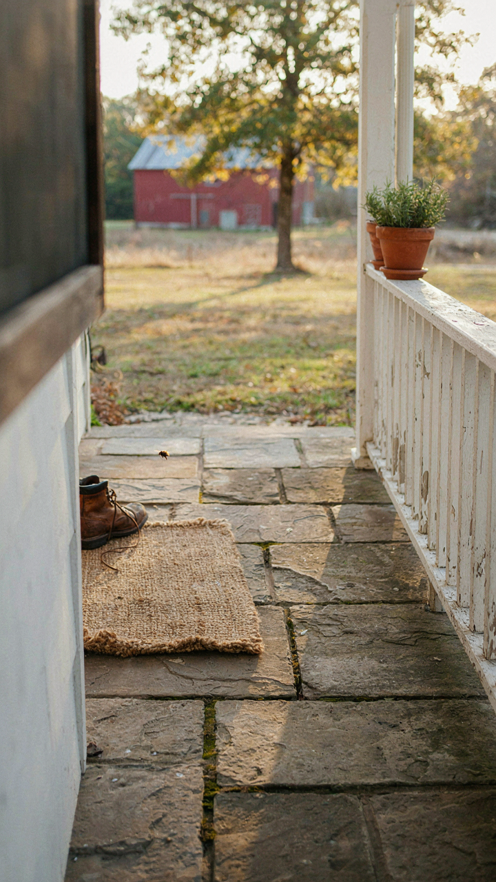 Stone pavers on a country porch soak up the late afternoon sun.
