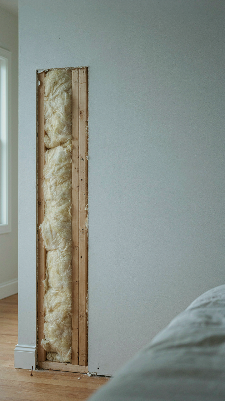 Cross-section of a wall showing fiberglass insulation behind drywall in a bedroom.