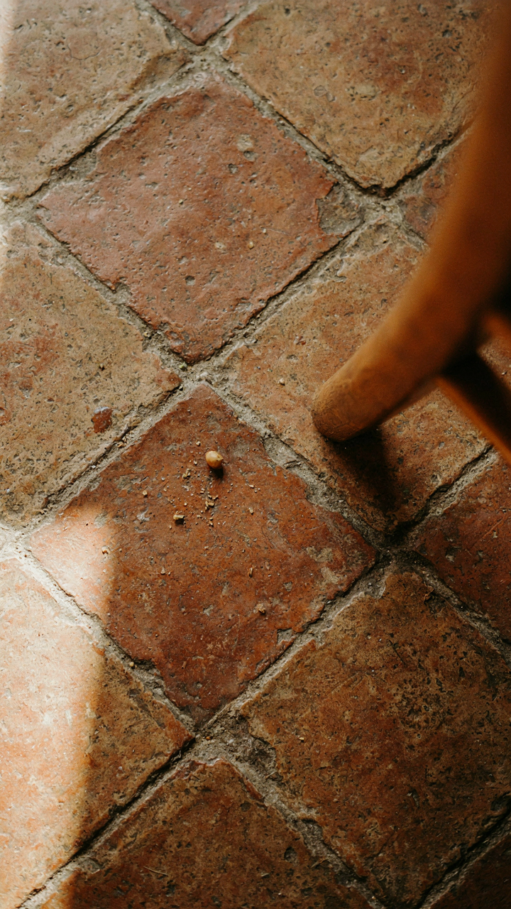 A close-up of worn terracotta floor tiles in a French country kitchen.